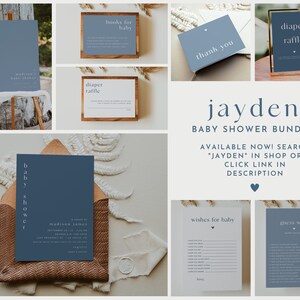 May include: A blue and white baby shower printable bundle with the text "jayden baby shower bundle" and "available now! search 'jayden' in shop or click link in description". The bundle includes a welcome sign, diaper raffle sign, thank you card, invitation, wishes for baby game, and guess who game.