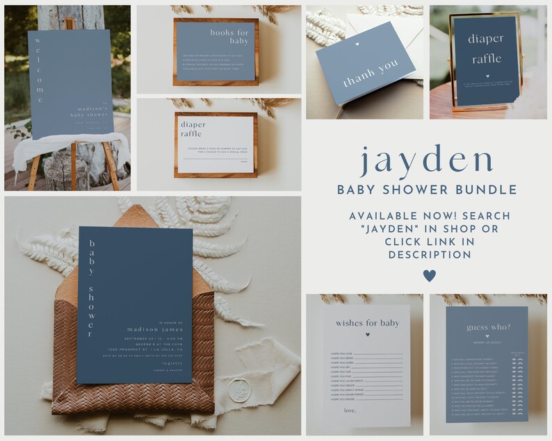 May include: A blue and white baby shower printable bundle with the text "jayden baby shower bundle" and "available now! search 'jayden' in shop or click link in description". The bundle includes a welcome sign, diaper raffle sign, thank you card, invitation, wishes for baby game, and guess who game.