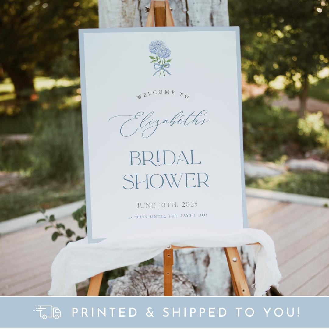 PRINTED & SHIPPED Blue Hydrangea Bridal Shower Welcome Sign, Dusty Blue Border, Coastal, Grand Millennial | NANCY