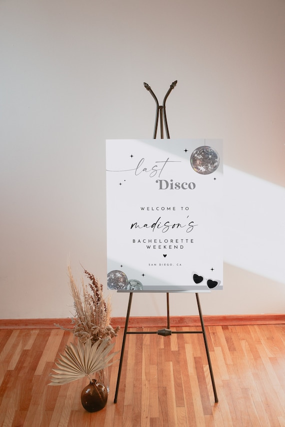 MARCIA | Last Disco Bachelorette Welcome Sign Template, Printable Welcome Sign, Silver Welcome Sign, Disco Ball Bach DIY