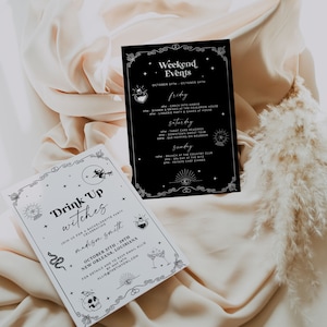 May include: A white card with black text and illustrations, inviting guests to a bachelorette party for Madison Smith in New Orleans, Louisiana from October 27th to 29th. The text reads "Drink Up Witches" and includes a snake, a skull, a crystal ball, and a potion bottle.