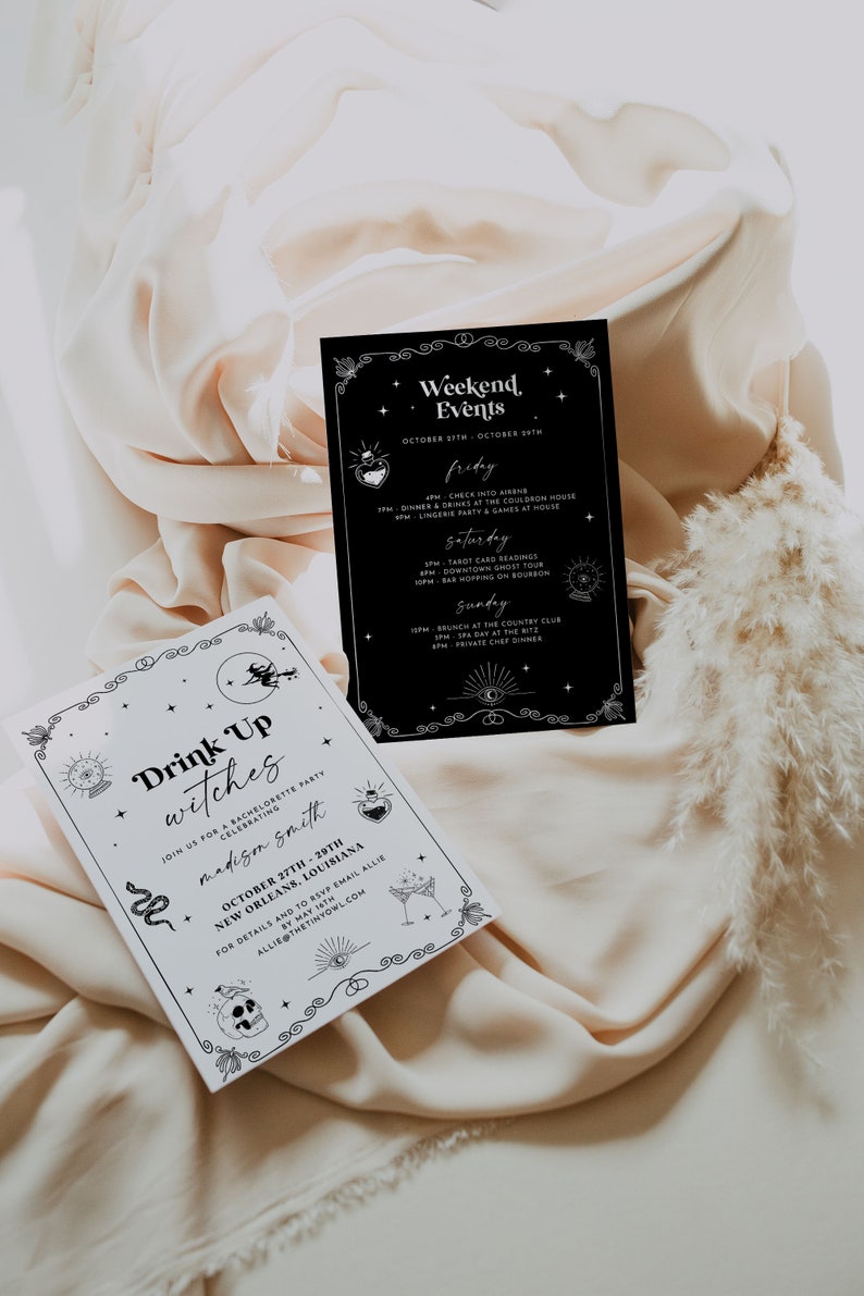 May include: A white card with black text and illustrations, inviting guests to a bachelorette party for Madison Smith in New Orleans, Louisiana from October 27th to 29th. The text reads "Drink Up Witches" and includes a snake, a skull, a crystal ball, and a potion bottle.