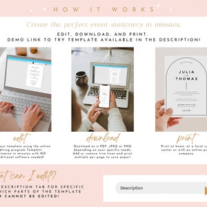 May include: A graphic showing how to edit, download, and print a wedding invitation template. The template features a white arch with black text that says "Julia Thomas". The graphic shows a laptop with a wedding invitation template open on the screen. The graphic also shows a phone with a wedding invitation template open on the screen. The graphic also shows a printed wedding invitation.