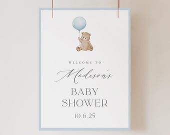 Bear Baby Shower Welcome Sign: Blue Balloon, It's a Boy, Printed & Shipped