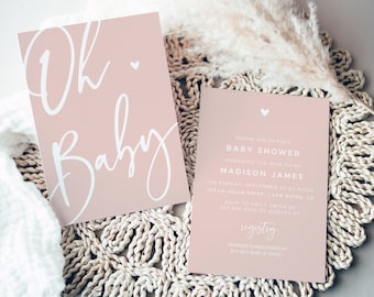 Könnte beinhalten: Rosafarbene Babyparty-Einladung mit weißem Text, der "Ok Baby" lautet und Details zur Veranstaltung enthält, einschließlich Datum, Uhrzeit, Ort und RSVP-Informationen.