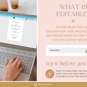 Puede incluir: Un ordenador port&aacute;til muestra una plantilla de invitaci&oacute;n de boda con los nombres "Hayley y Nicholas". La pantalla tambi&eacute;n muestra campos editables. El texto a la derecha dice "WHAT IS EDITABLE?" y "try it before you buy it."