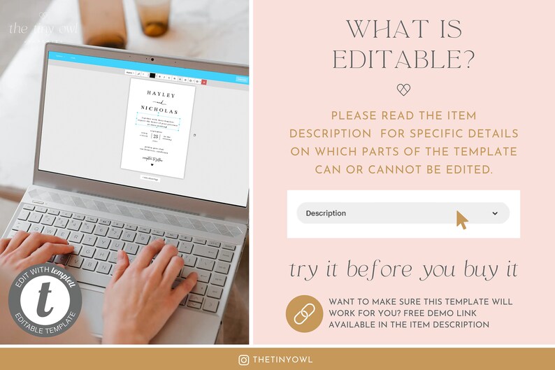 Puede incluir: Un ordenador port&aacute;til muestra una plantilla de invitaci&oacute;n de boda con los nombres "Hayley y Nicholas". La pantalla tambi&eacute;n muestra campos editables. El texto a la derecha dice "WHAT IS EDITABLE?" y "try it before you buy it."