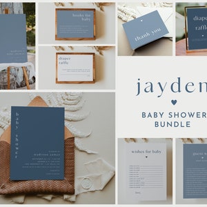 Jayden | Dark Dusty Blue Baby Shower Invitation Bundle, Boho Baby Shower Invites, Minimal Blue Baby Shower