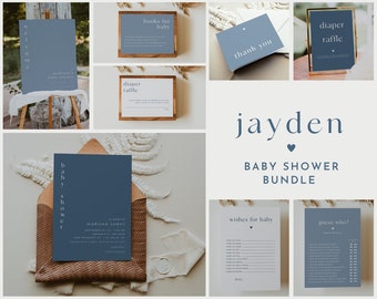 May include: A blue and white baby shower printable bundle featuring the name Jayden. The bundle includes a welcome sign, diaper raffle sign, thank you card, invitation, wishes for baby game, and guess who game.
