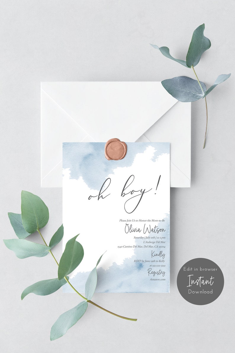 Oh Boy Baby Shower Invitation Template, Boy Baby Shower Invites Blue Watercolor, Printable Invite Editable Invitation, Elegant Baby Shower 