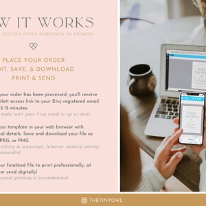 Puede incluir: Un port&aacute;til y un smartphone que muestran una plantilla de invitaci&oacute;n de "Baby Shower". La imagen muestra los pasos para editar, guardar y descargar la papeler&iacute;a del evento. El texto incluye "How it Works" y "Edit with Templett".