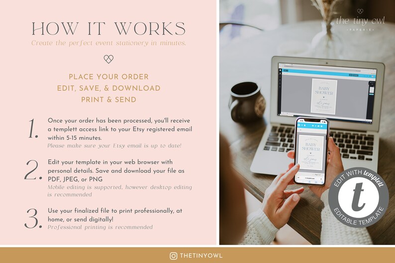 Puede incluir: Un port&aacute;til y un smartphone que muestran una plantilla de invitaci&oacute;n de "Baby Shower". La imagen muestra los pasos para editar, guardar y descargar la papeler&iacute;a del evento. El texto incluye "How it Works" y "Edit with Templett".