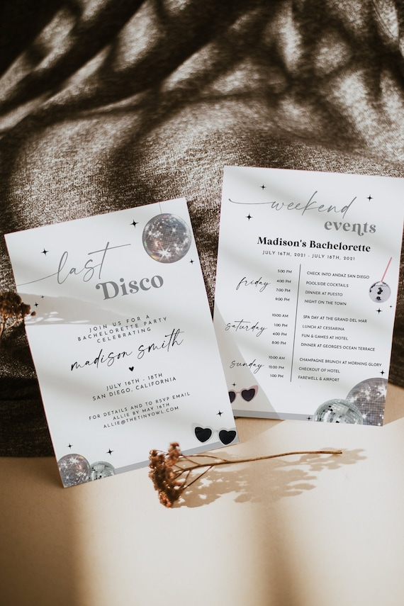 MARCIA | Last Disco Bachelorette Weekend Itinerary | Retro Disco Bachelorette Party Editable Invitation | Disco Ball Bachelorette Party