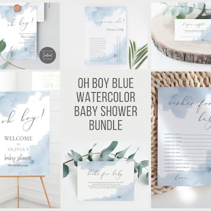 Oh Boy Baby Shower Invitation Bundle, Boy Baby Shower Invites Blue Watercolor, Printable Editable Invitation, Elegant Baby Shower #01BW