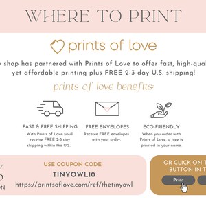 Puede incluir: Un gr&aacute;fico promocional con el texto "WHERE TO PRINT" y "prints of love". Destaca los beneficios de impresi&oacute;n, incluyendo env&iacute;o r&aacute;pido, sobres gratuitos y pr&aacute;cticas ecol&oacute;gicas. Tambi&eacute;n se muestra un cup&oacute;n de descuento del 10%.