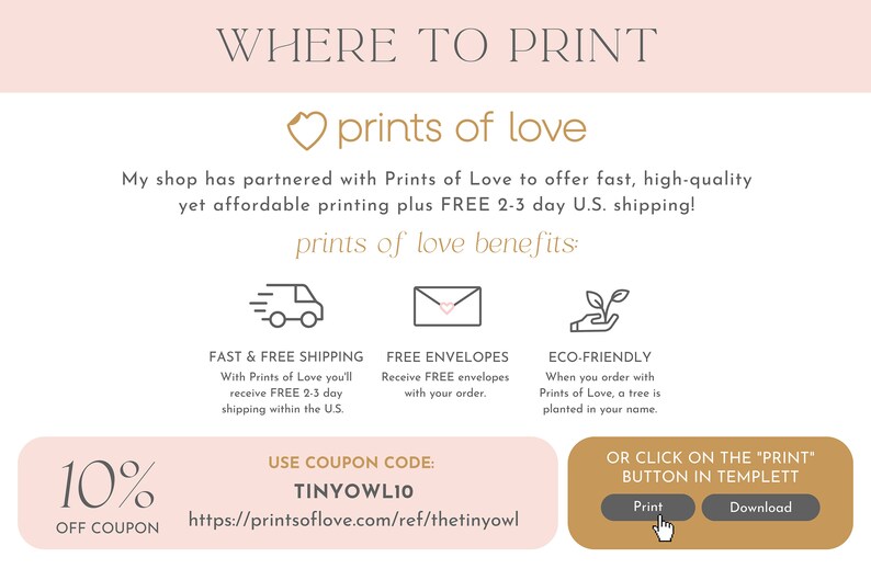 Puede incluir: Un gr&aacute;fico promocional con el texto "WHERE TO PRINT" y "prints of love". Destaca los beneficios de impresi&oacute;n, incluyendo env&iacute;o r&aacute;pido, sobres gratuitos y pr&aacute;cticas ecol&oacute;gicas. Tambi&eacute;n se muestra un cup&oacute;n de descuento del 10%.