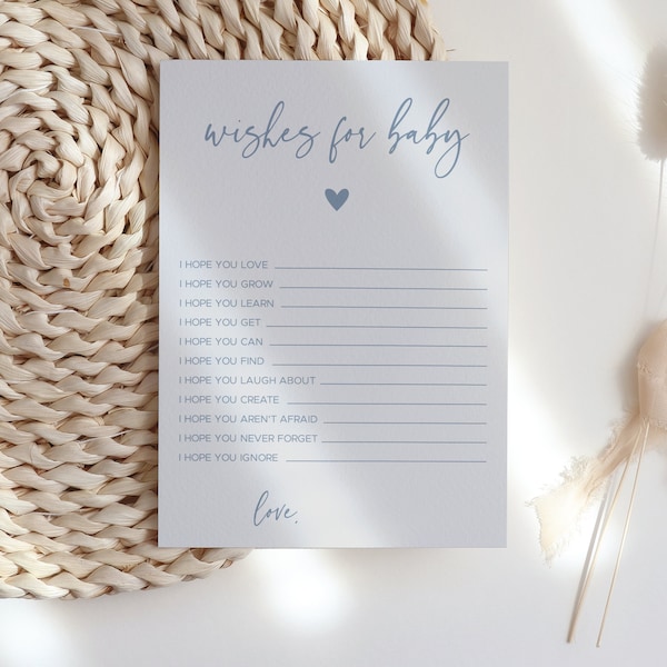 Blue Wishes for Baby Card, Baby Shower Games, Baby Shower Advice Card, Printable, Instant Download, Templett #010MB