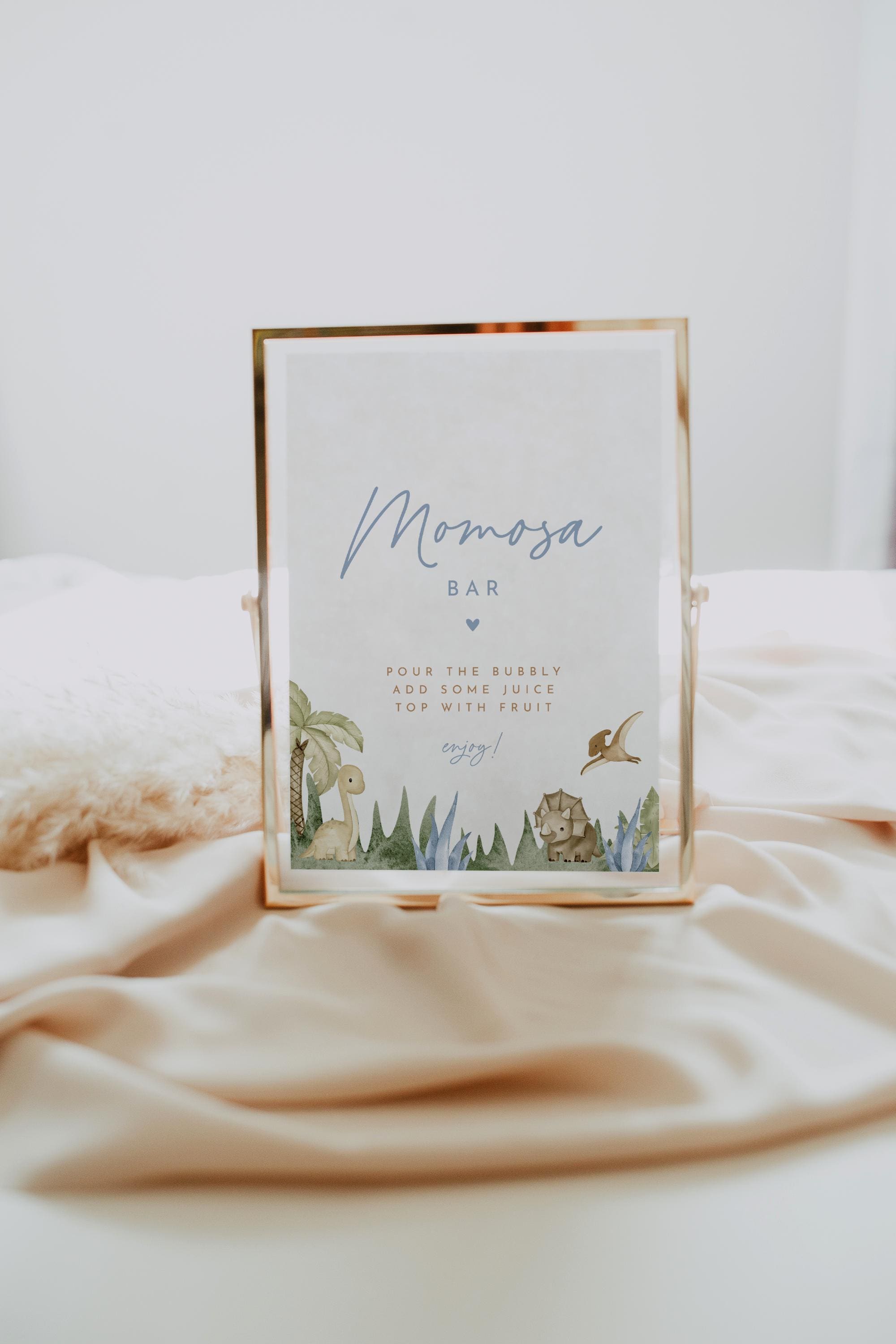 Momosa Bar Schild, Dinosaurier-Babyparty, Es ist ein Junge, Mimosa Bar, bearbeitbare Vorlage, DIY-Babypartyeinladung | DINO