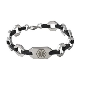 Stainless Steel Link Bracelet with Black Rubber Link Accent Laser Engraved Medical Alert ID