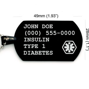 Customize,Medical Alert ID Tag Charm Black Anodized Stainless Steel Jewelry Men and Women,Blood Type,Diabetes,Steel 22&quot; Resizable Necklace