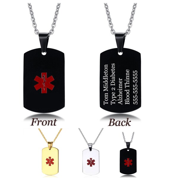 Customize,Medical Alert ID  Dog Tag Stainless Steel Necklace Women/Men Medical Emergency Identification