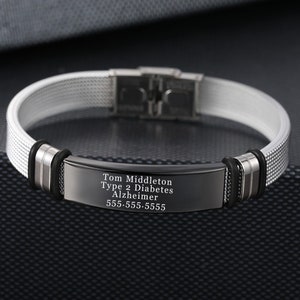 Laser engraved Medical ID Health Alert Stainless steel and silicone band Bracelet for Men
