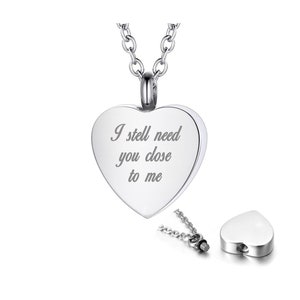 Stainless Steel Personalized laser Engraved Custom Heart Cremation Urn Necklace Pendant for Human or Pets Ashes, Both sides can be engraved