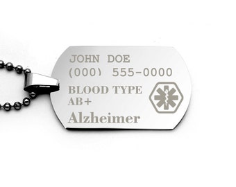 Medical Alert Jewelry Dog Tag Necklace with Personalized Text and Custom Engraving