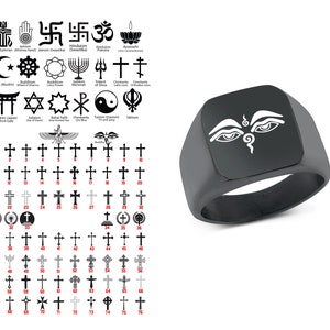 Custom Customized Black Stainless Steel Cross Design laser Engraved 8mm Ring With Your choice of Cross and symbols
