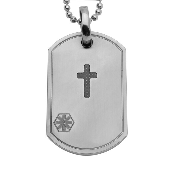 Medical Alert Aircraft grade Titanium laser Engraved Dog Tag Fiber Cross Inlay  Free Steel 22" Chain Made in USA  TITDOG002