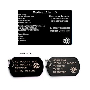 Medical Alert Card and ID Tag set,Personalized Medical Alert,Black Medical Emergency Wallet Card,Medical Alert,For Men and Women