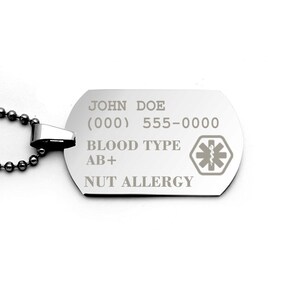 Medical Alert Dog Tag Jewelry for Men and Teen Boys, Personalized and laser engraved with ICE, health conditions, allergy alert, and more!