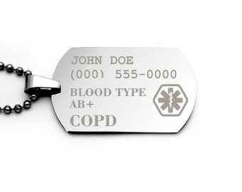 Medical Alert Pendant with Custom Engraving, For ICE contact, Military Style with Laser Engraving, alzheimers awareness, emergency contact