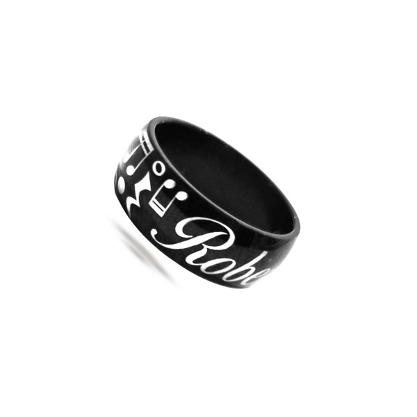 Custom Customized Black Stainless Steel Music Notes laser Engraved 8mm Ring With Your Name or Initial Ring For Men and Women