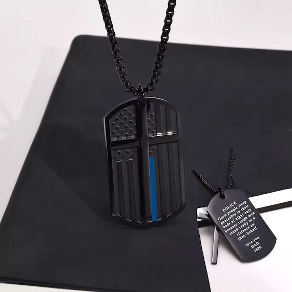 Personalized Thin Blue Line Dog Tag Necklace, American Flag