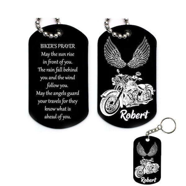 Personalized Custom BIKER’S PRAYER Black Anodized Aluminum Dog Tag Keychain Options or 24" Ball Chain Laser Engraved with your name and date
