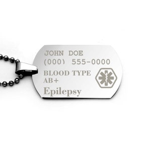 Epilepsy Medical Alert Tag Customized Stainless Steel Tag Necklace, Epilepsy Tag, Medical Information Tags, Blood Group Tags, Free Engraving