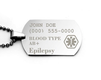 Epilepsy Medical Alert Tag Customized Stainless Steel Tag Necklace, Epilepsy Tag, Medical Information Tags, Blood Group Tags, Free Engraving