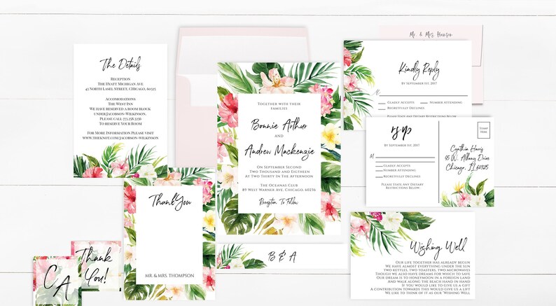 Printed Tropical Wedding Invitation Set Hawaii Wedding Etsy