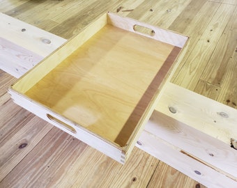 Breakfast Tray, 24&quot; by 16&quot;, 3&quot; tall Baltic birch plywood, oval hand hold cutouts.