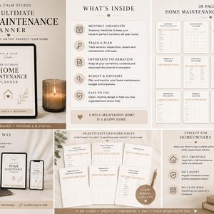 Può includere: Un pianificatore digitale per la manutenzione della casa di 38 pagine, che include liste di controllo mensili, programmi di manutenzione, tracker di garanzia e registri di budget. Il pianificatore presenta testi come The Ultimate Home Maintenance Planner e What's Inside, in una palette di colori beige neutro con tipografia pulita e icone lineari.