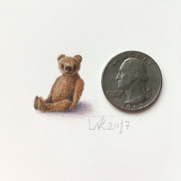 Tiny Teddy Bear original watercolour miniature. Teddy Bear art, painting of Bear. Old toys wall ART.