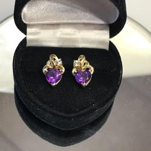 14KT Solid Yellow Gold Amethyst & Diamond Earrings | Amethyst Gemstone Jewelry | Diamond Gemstone Jewelry | Purple Earrings | Purple Jewelry