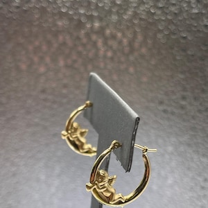 Ladies 14 Karat Solid Yellow Gold Angel Hoop Earrings