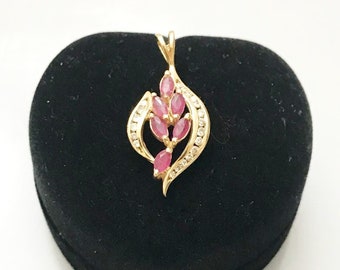 14KT Solid Yellow Gold Diamond & Ruby Pendant Floral Marquise Rubies