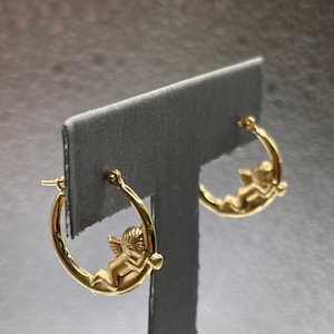 Ladies 14 Karat Solid Yellow Gold Angel Hoop Earrings