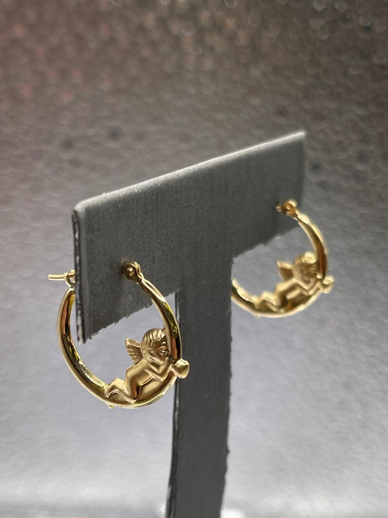 Ladies 14 Karat Solid Yellow Gold Angel Hoop Earrings