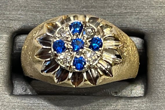 14KT Yellow Gold Stone Finish Diamond & Sapphire … - image 1