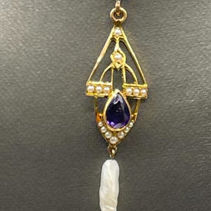 Ladies Antique 10 Karat Solid Yellow Gold Amethyst and Pearl Pendant | Vintage Jewelry | Gift for Her | Anniversary Gift | Women&#39;s Gold