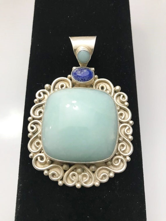 Sterling Silver .925 Green Onyx And Lapis Pendant